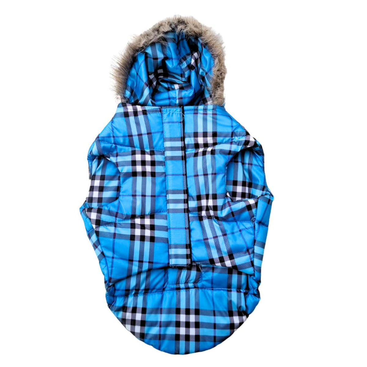 Checkered Winter Jacket for Dogs with Hood – Blue