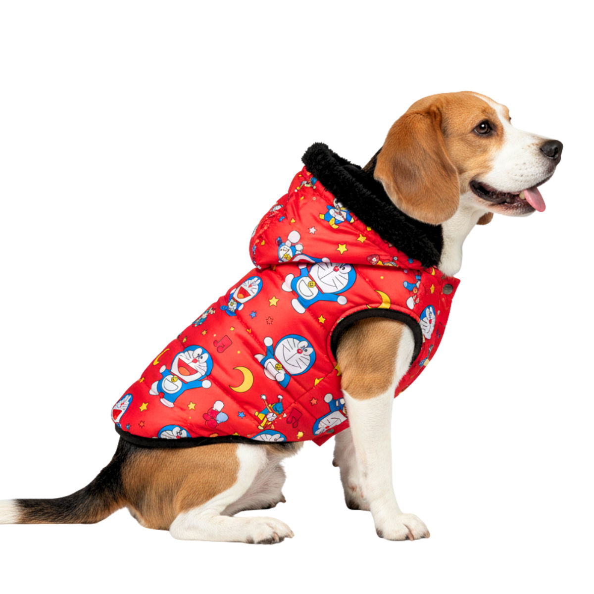 Doraemon Puffer Jacket for Dogs with Fur Collar – Red